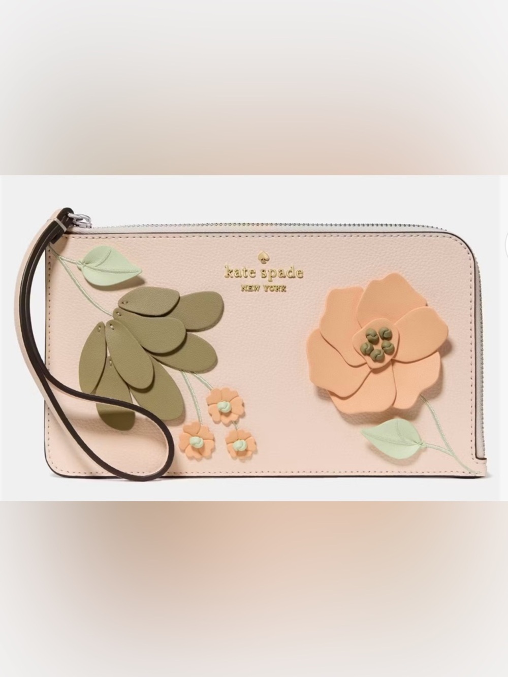 kate spade Pale Peach Floral Appliqué Wristlet with Green Accents NWT